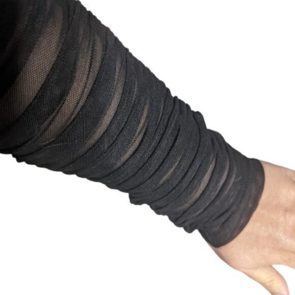 Sexy Black Velour and Mesh Long Sleeve Top with Ruched Sleeves 1XL New - Picture 5 of 6